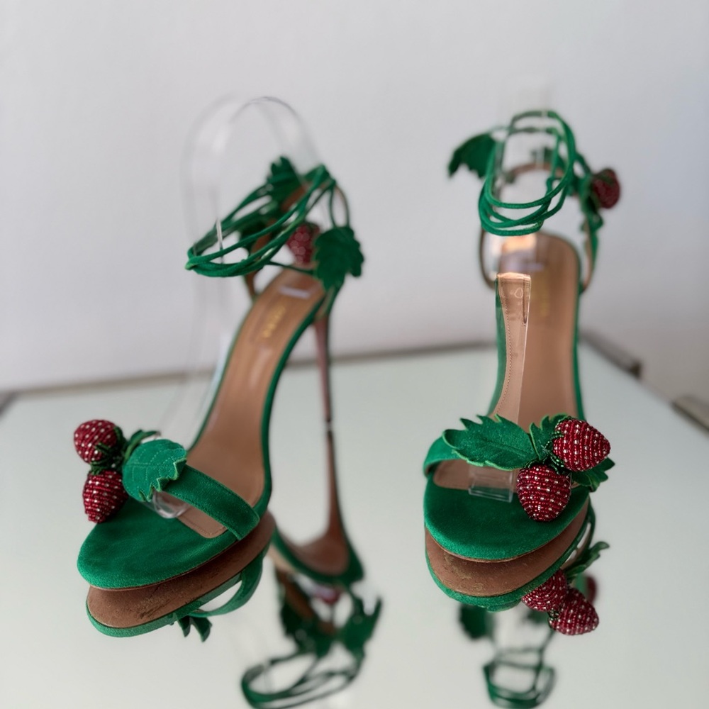 EUC Aquazzura Green Fragolina 105 Embellished Suede Sandals 37 $1,295 - Picture 13 of 17